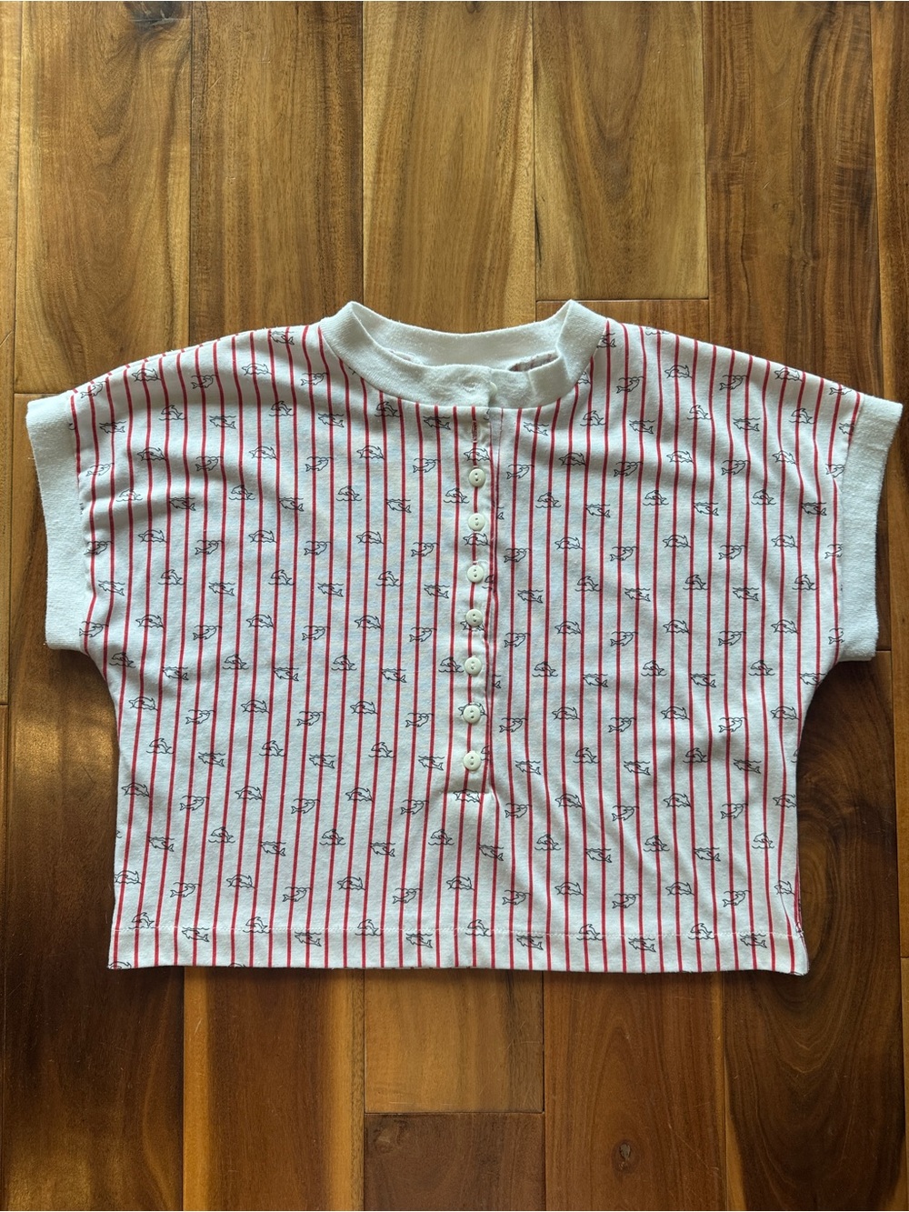 Women’s vintage White & Red Striped tiny dolphins print Button-Front Top